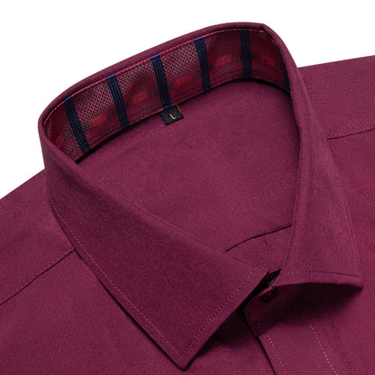 Burgundy Red With Red Plaid Edge Men's Solid Dress Shirt shirt    - Sophisticated Gentlemen