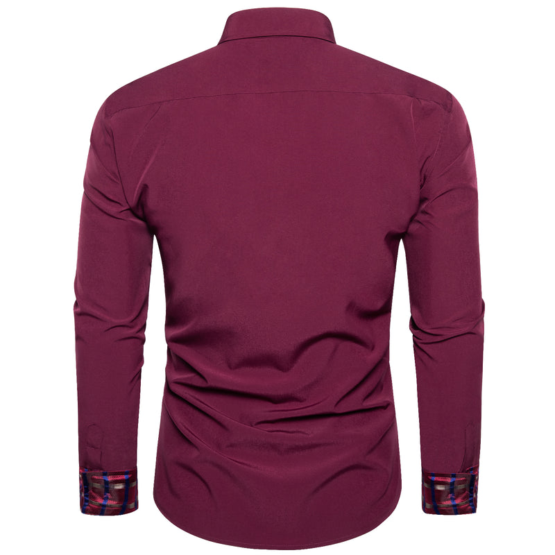 Burgundy Red With Red Plaid Edge Men's Solid Dress Shirt shirt    - Sophisticated Gentlemen