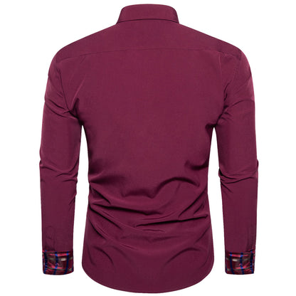 Burgundy Red With Red Plaid Edge Men's Solid Dress Shirt shirt    - Sophisticated Gentlemen