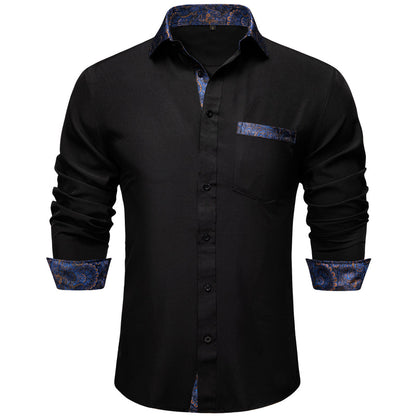 Black With Blue Paisley Edge Men's Solid Dress Shirt shirt S   - Sophisticated Gentlemen