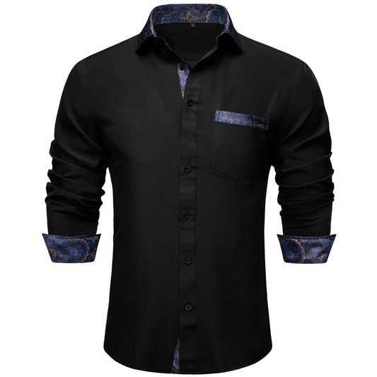 Black With Blue Paisley Edge Men's Solid Dress Shirt shirt S   - Sophisticated Gentlemen