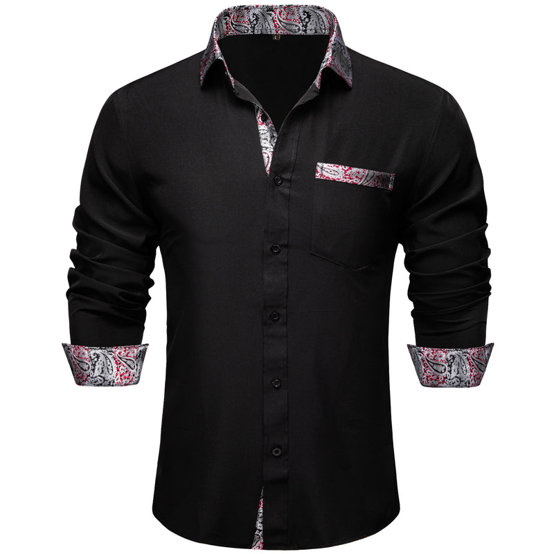 Black With Silver Paisley Edge Men's Solid Dress Shirt shirt S   - Sophisticated Gentlemen
