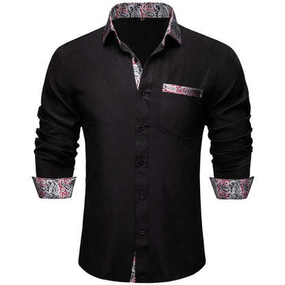 Black With Silver Paisley Edge Men's Solid Dress Shirt shirt S   - Sophisticated Gentlemen