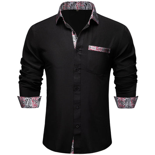 Black With Silver Paisley Edge Men's Solid Dress Shirt shirt S   - Sophisticated Gentlemen