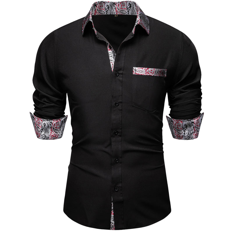 Black With Silver Paisley Edge Men's Solid Dress Shirt shirt    - Sophisticated Gentlemen