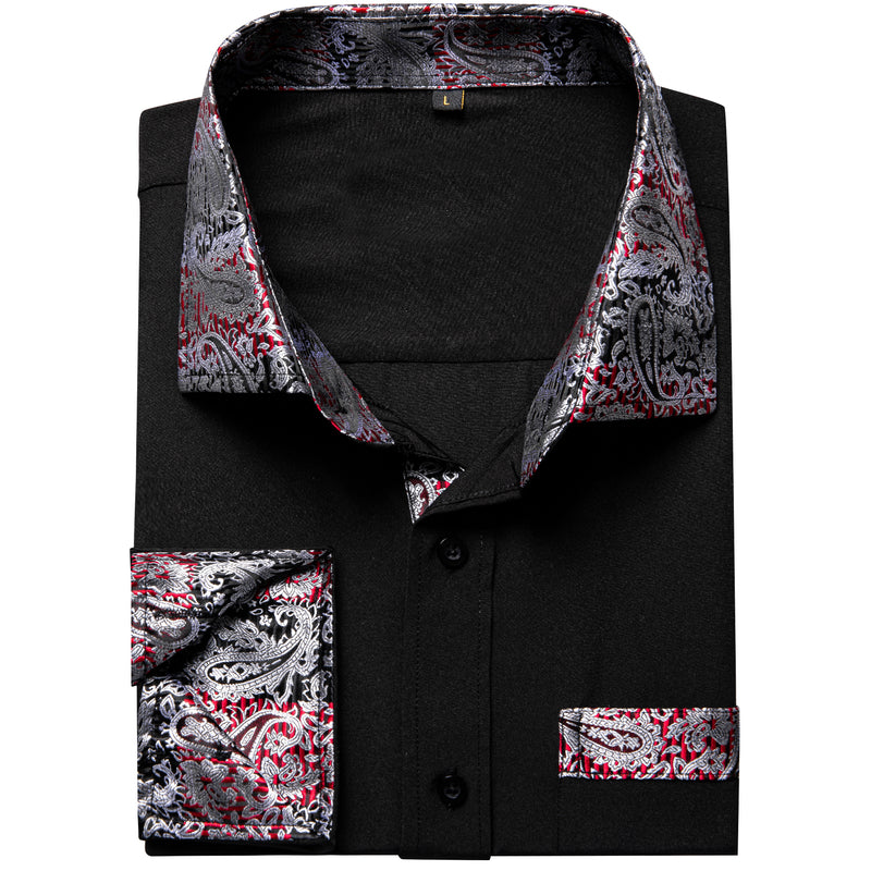 Black With Silver Paisley Edge Men's Solid Dress Shirt shirt    - Sophisticated Gentlemen