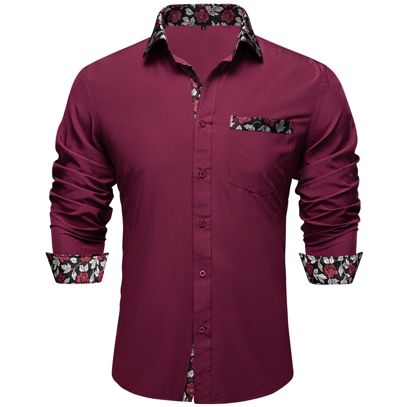 Burgundy Red With Black Floral Edge Men's Solid Dress Shirt shirt S   - Sophisticated Gentlemen