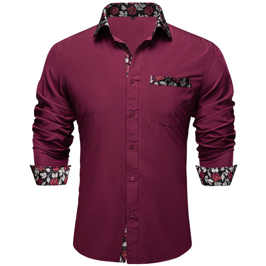 Burgundy Red With Black Floral Edge Men's Solid Dress Shirt shirt S   - Sophisticated Gentlemen