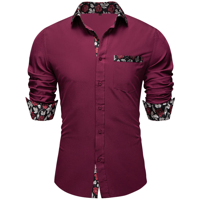 Burgundy Red With Black Floral Edge Men's Solid Dress Shirt shirt    - Sophisticated Gentlemen
