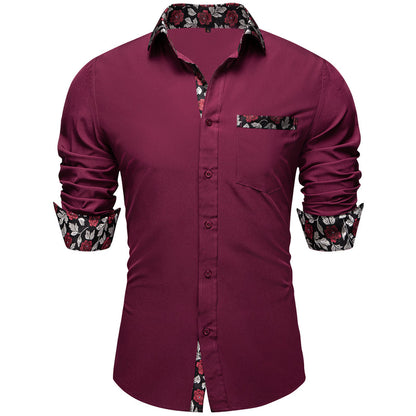 Burgundy Red With Black Floral Edge Men's Solid Dress Shirt shirt    - Sophisticated Gentlemen
