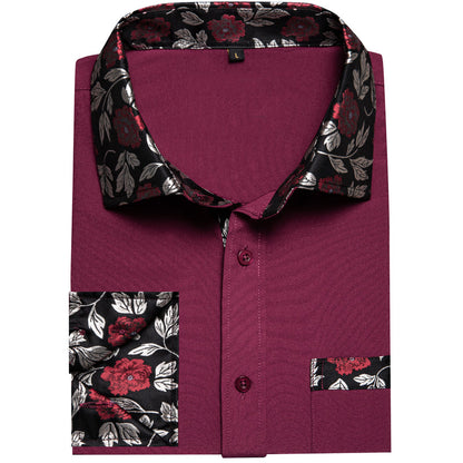 Burgundy Red With Black Floral Edge Men's Solid Dress Shirt shirt    - Sophisticated Gentlemen