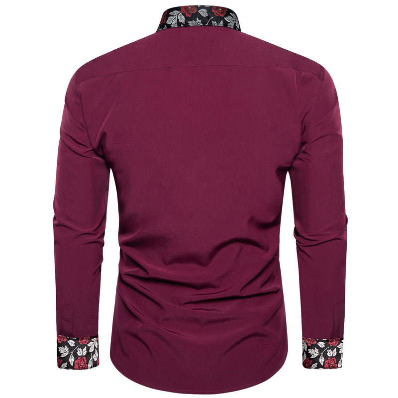Burgundy Red With Black Floral Edge Men's Solid Dress Shirt shirt    - Sophisticated Gentlemen