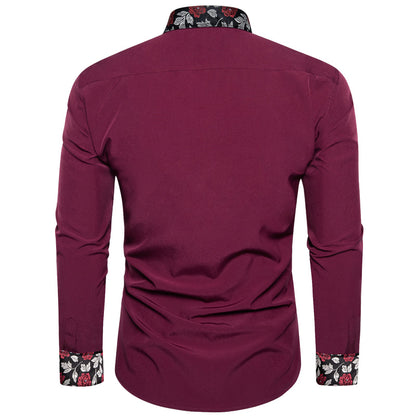 Burgundy Red With Black Floral Edge Men's Solid Dress Shirt shirt    - Sophisticated Gentlemen
