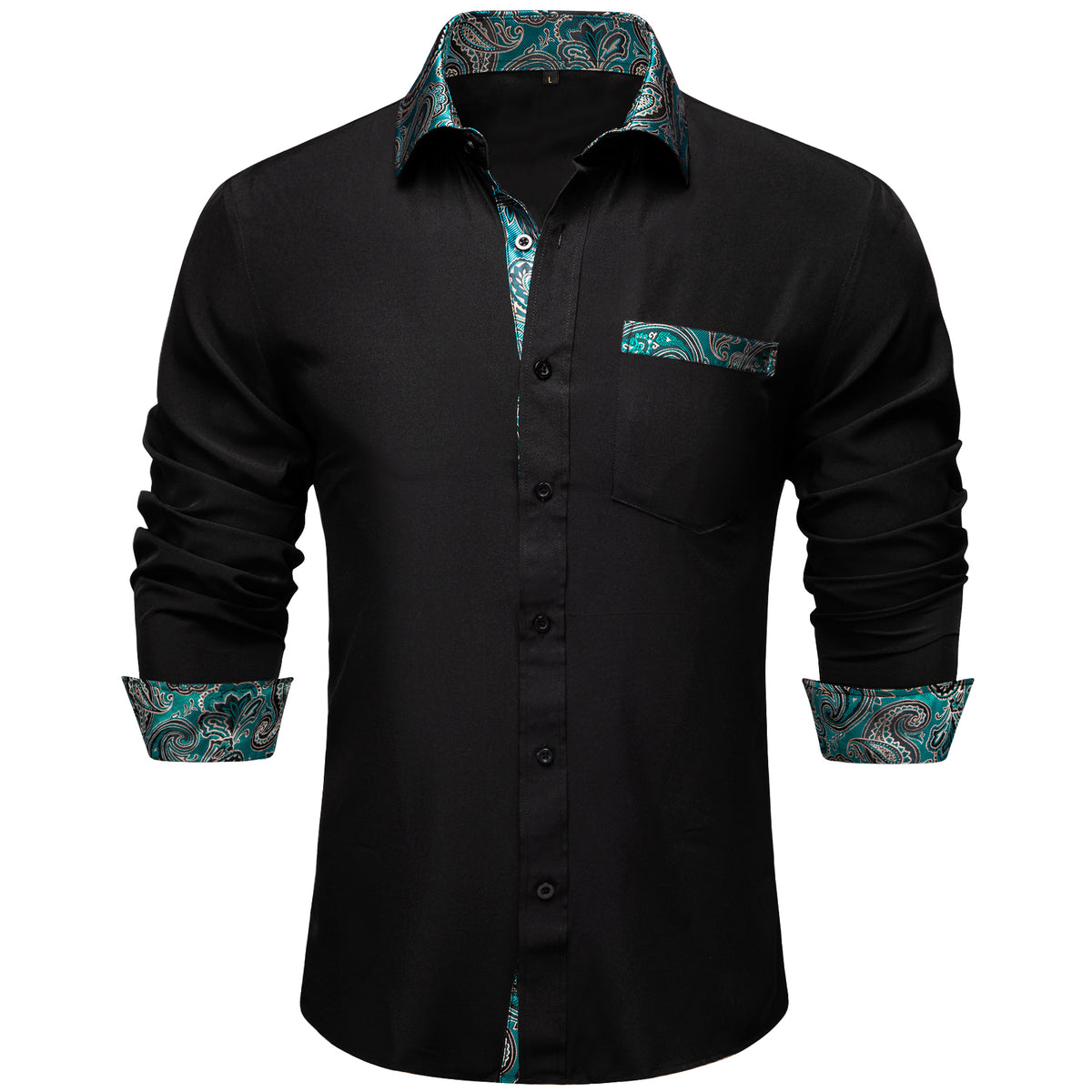 Black Dress Shirt With Lake Blue Floral Accent shirt    - Sophisticated Gentlemen