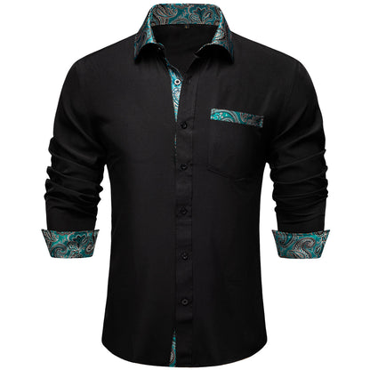 Black Dress Shirt With Lake Blue Floral Accent shirt    - Sophisticated Gentlemen