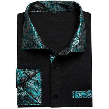 Black Dress Shirt With Lake Blue Floral Accent shirt    - Sophisticated Gentlemen