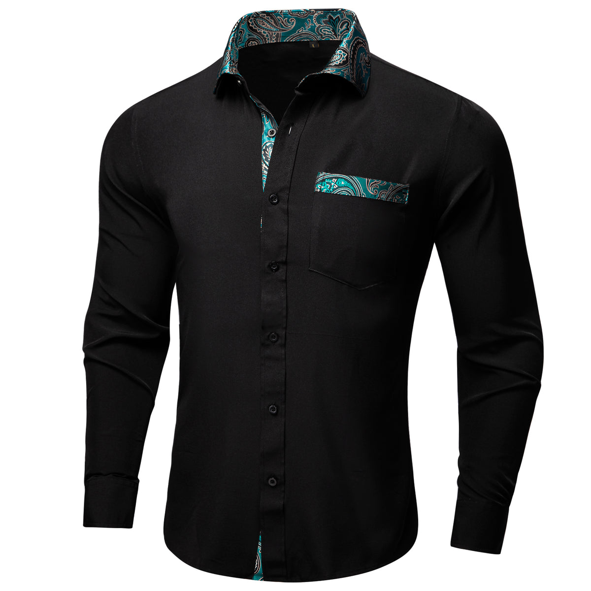 Black Dress Shirt With Lake Blue Floral Accent shirt S   - Sophisticated Gentlemen