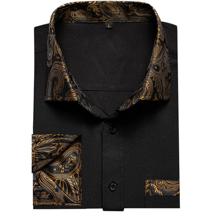 Black Dress Shirt With Gold Paisley Accent shirt    - Sophisticated Gentlemen