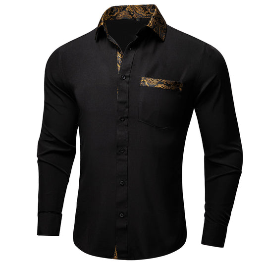 Black Dress Shirt With Gold Paisley Accent shirt S   - Sophisticated Gentlemen