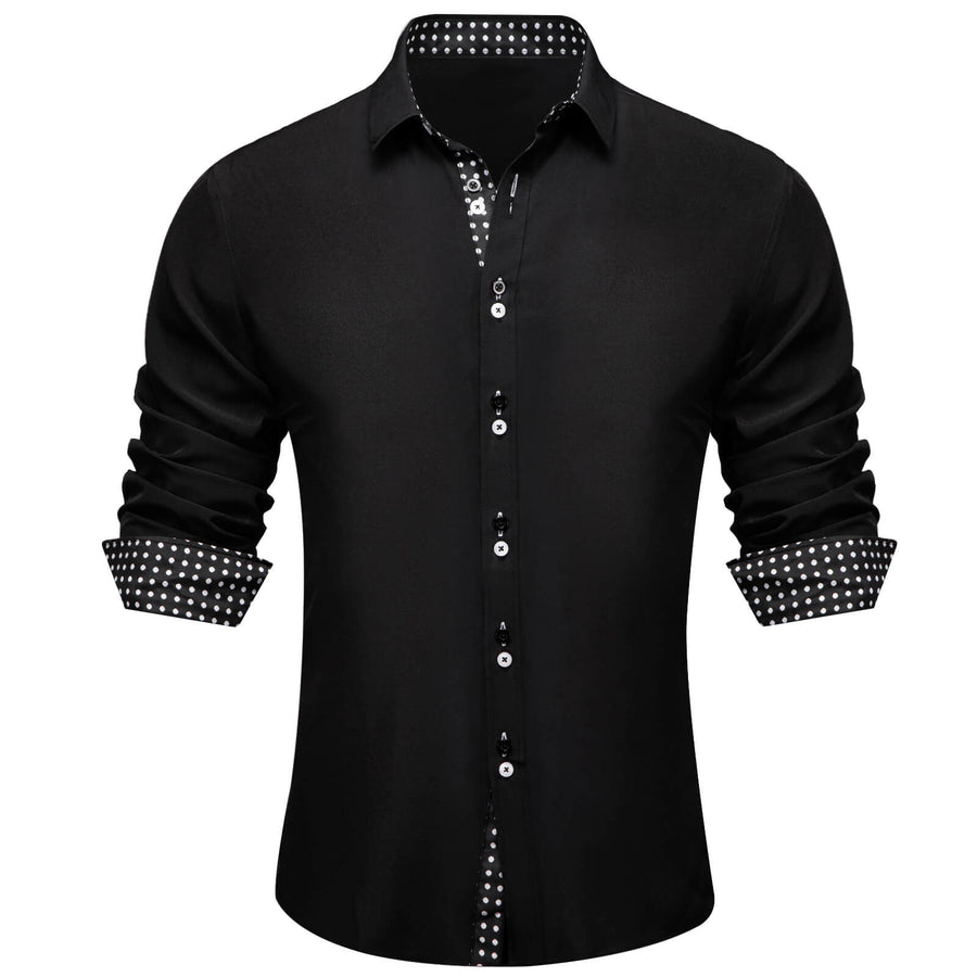 Black Solid White Polka Dots Splicing Silk Dress Shirt shirt S   - Sophisticated Gentlemen
