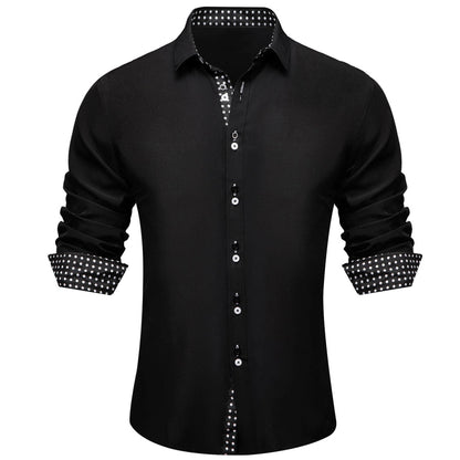 Black Solid White Polka Dots Splicing Silk Dress Shirt shirt S   - Sophisticated Gentlemen