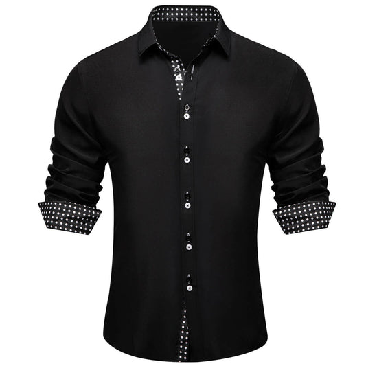 Black Solid White Polka Dots Splicing Silk Dress Shirt shirt S   - Sophisticated Gentlemen