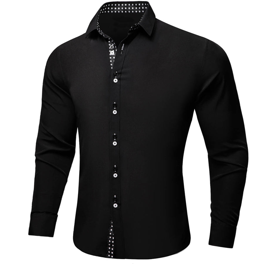 Black Solid White Polka Dots Splicing Silk Dress Shirt shirt    - Sophisticated Gentlemen