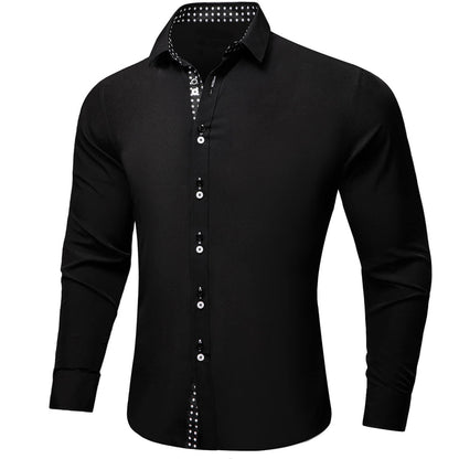 Black Solid White Polka Dots Splicing Silk Dress Shirt shirt    - Sophisticated Gentlemen