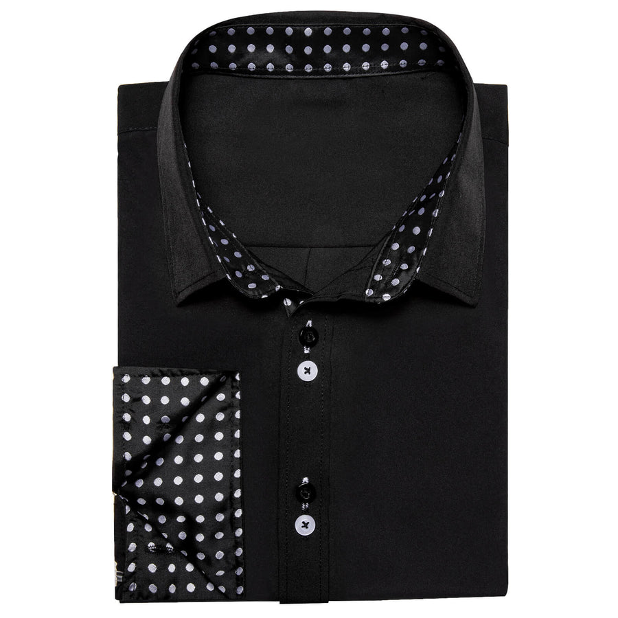 Black Solid White Polka Dots Splicing Silk Dress Shirt shirt    - Sophisticated Gentlemen
