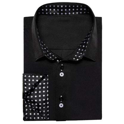 Black Solid White Polka Dots Splicing Silk Dress Shirt shirt    - Sophisticated Gentlemen