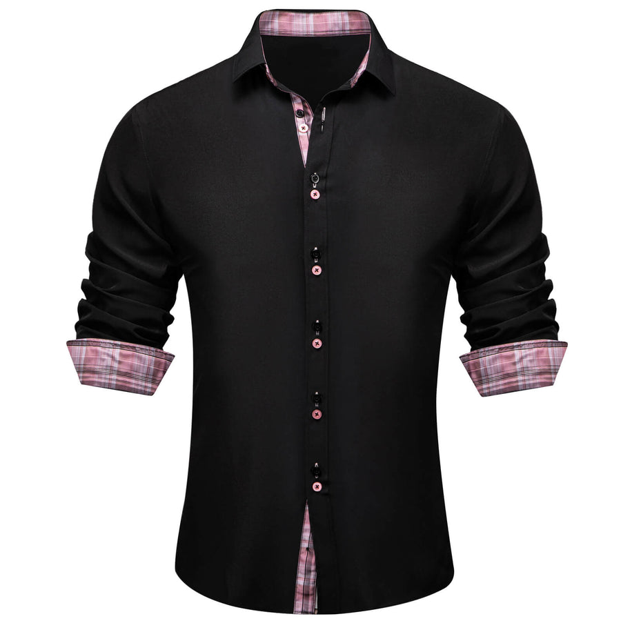 Black Solid Pink Plaid Splicing Silk Dress Shirt shirt S   - Sophisticated Gentlemen