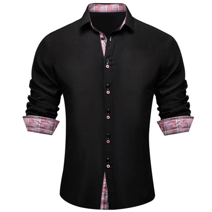 Black Solid Pink Plaid Splicing Silk Dress Shirt shirt S   - Sophisticated Gentlemen