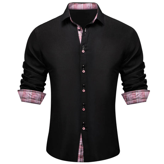 Black Solid Pink Plaid Splicing Silk Dress Shirt shirt S   - Sophisticated Gentlemen