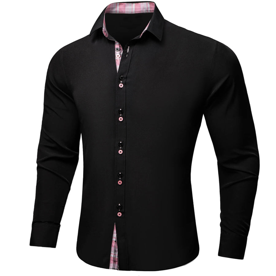 Black Solid Pink Plaid Splicing Silk Dress Shirt shirt    - Sophisticated Gentlemen