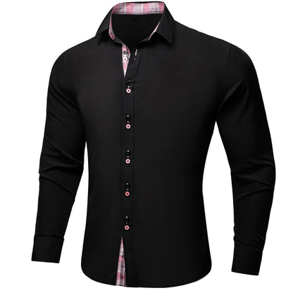 Black Solid Pink Plaid Splicing Silk Dress Shirt shirt    - Sophisticated Gentlemen