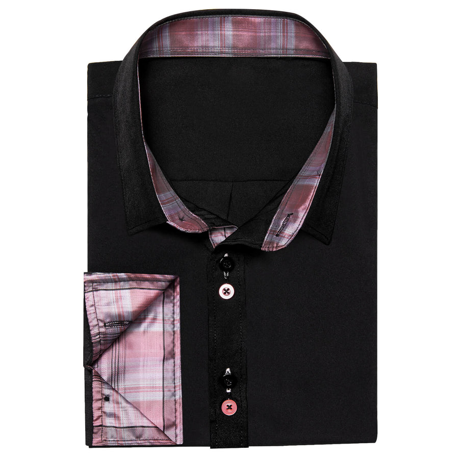 Black Solid Pink Plaid Splicing Silk Dress Shirt shirt    - Sophisticated Gentlemen
