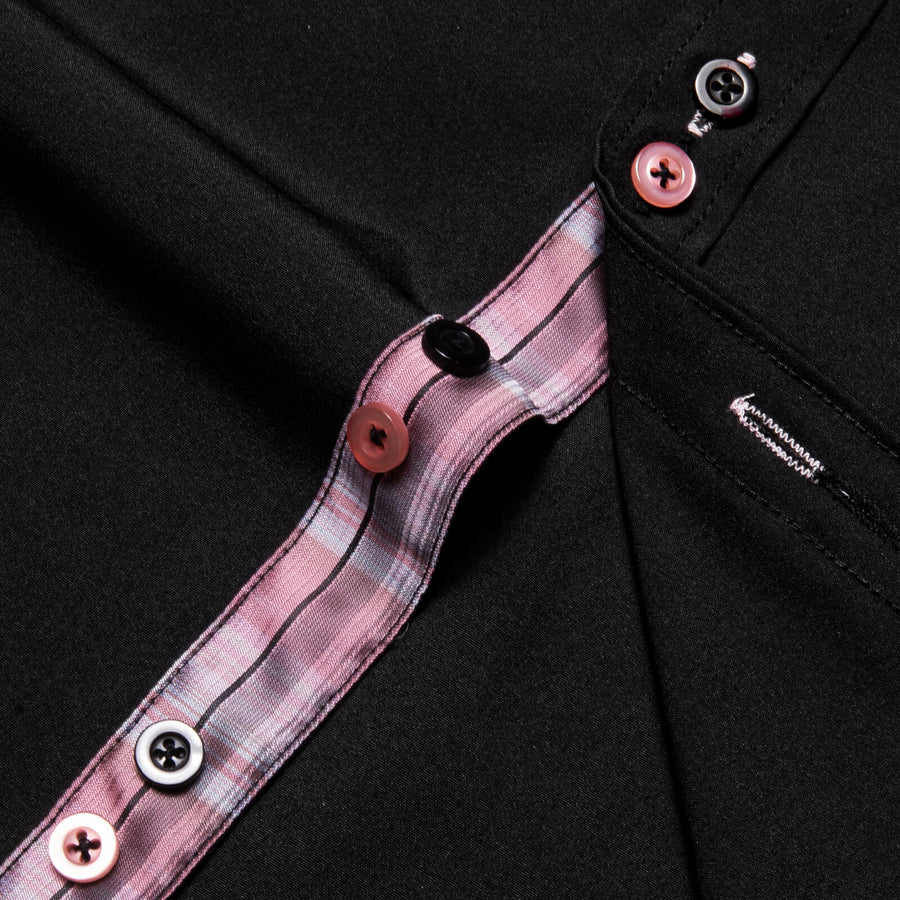 Black Solid Pink Plaid Splicing Silk Dress Shirt shirt    - Sophisticated Gentlemen