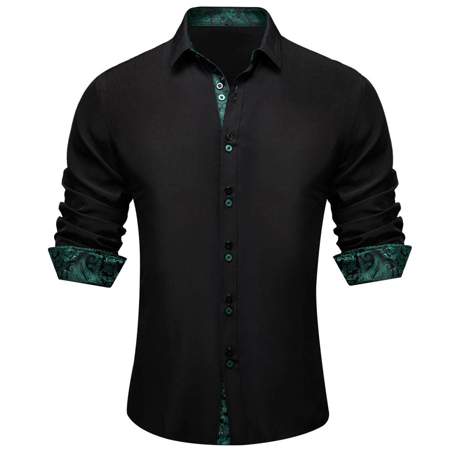 Black Solid Green Paisley Splicing Silk Dress Shirt shirt S   - Sophisticated Gentlemen