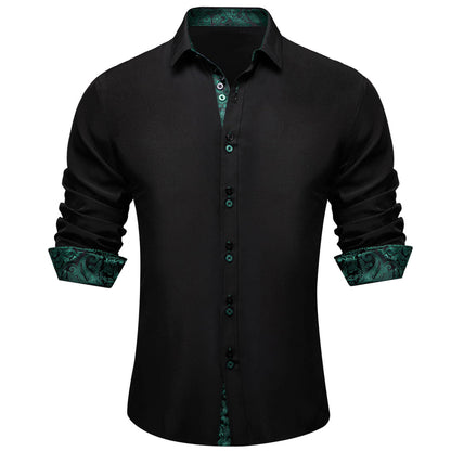 Black Solid Green Paisley Splicing Silk Dress Shirt shirt S   - Sophisticated Gentlemen