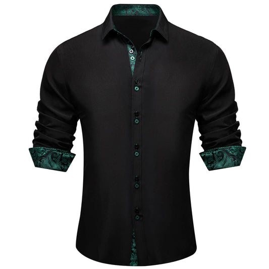 Black Solid Green Paisley Splicing Silk Dress Shirt shirt S   - Sophisticated Gentlemen