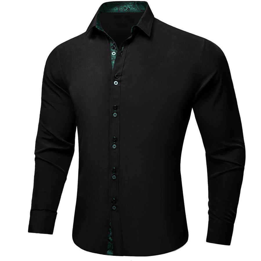 Black Solid Green Paisley Splicing Silk Dress Shirt shirt    - Sophisticated Gentlemen