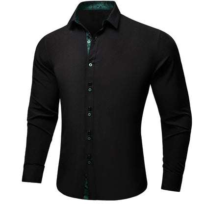 Black Solid Green Paisley Splicing Silk Dress Shirt shirt    - Sophisticated Gentlemen