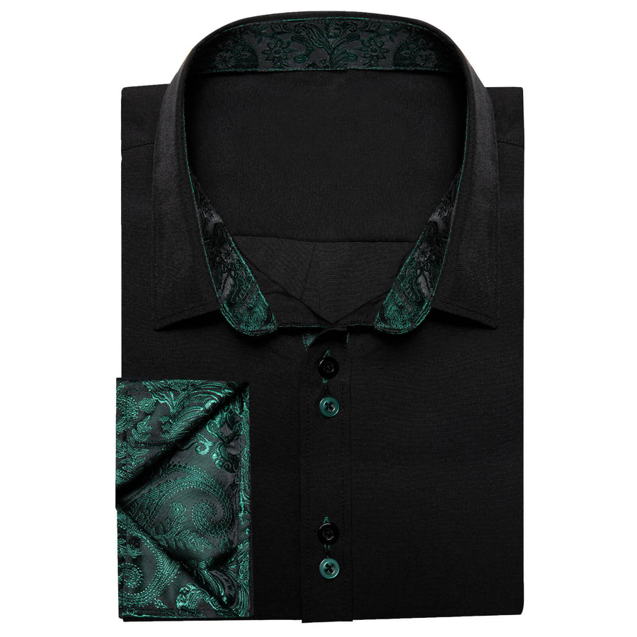 Black Solid Green Paisley Splicing Silk Dress Shirt shirt    - Sophisticated Gentlemen