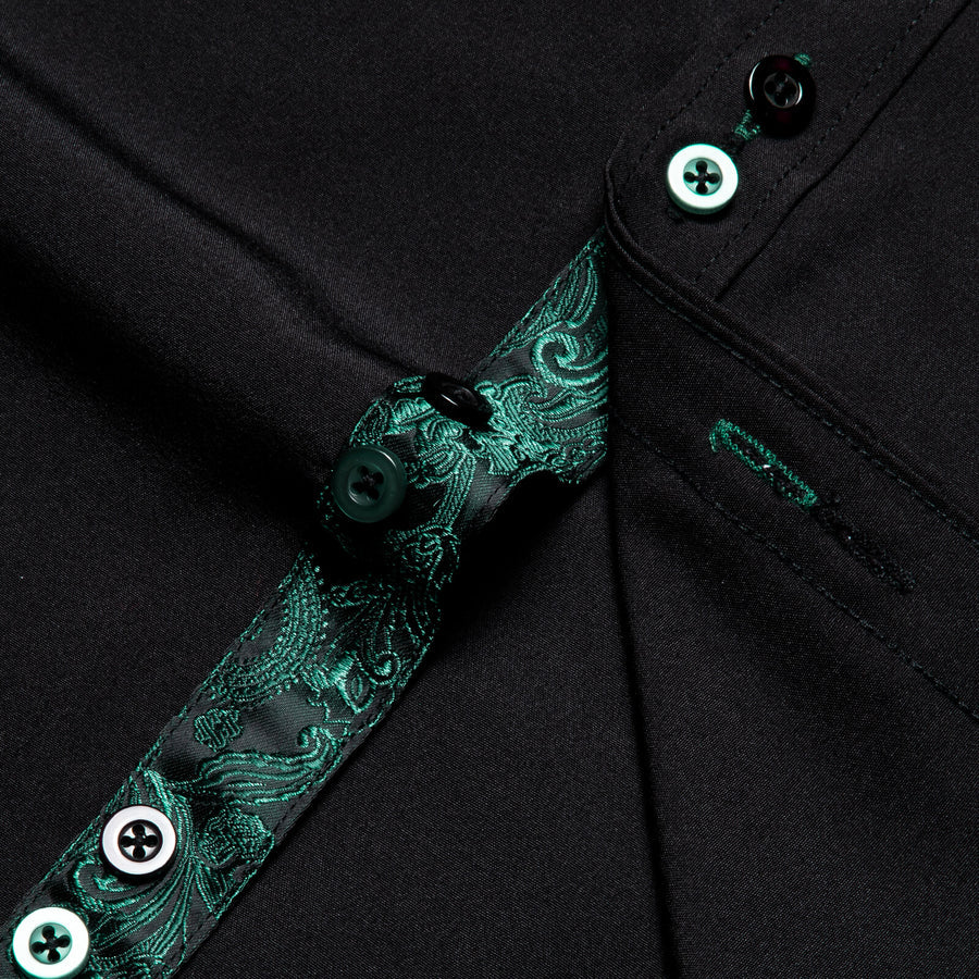 Black Solid Green Paisley Splicing Silk Dress Shirt shirt    - Sophisticated Gentlemen