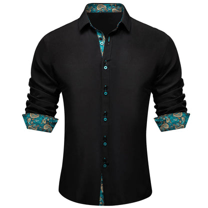 Black Solid Teal Paisley Splicing Silk Dress Shirt shirt S   - Sophisticated Gentlemen