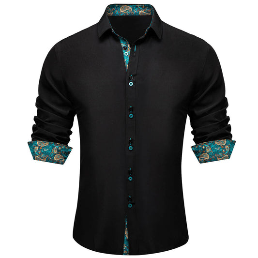 Black Solid Teal Paisley Splicing Silk Dress Shirt shirt S   - Sophisticated Gentlemen