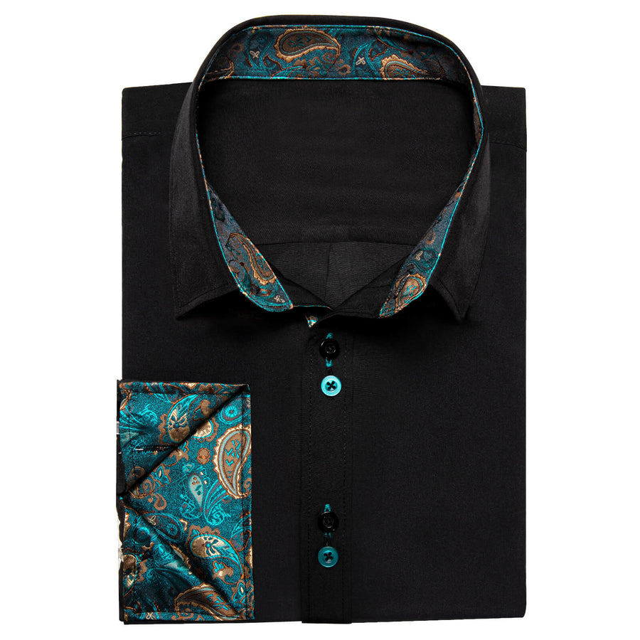 Black Solid Teal Paisley Splicing Silk Dress Shirt shirt    - Sophisticated Gentlemen