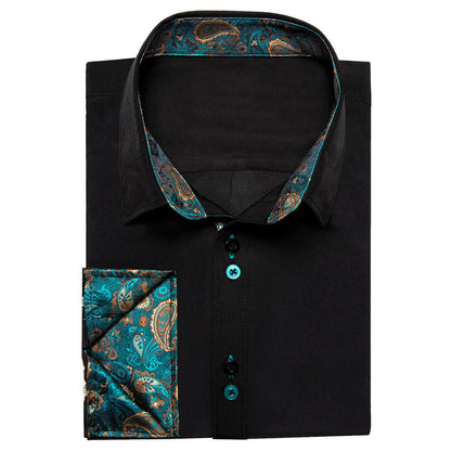 Black Solid Teal Paisley Splicing Silk Dress Shirt shirt    - Sophisticated Gentlemen