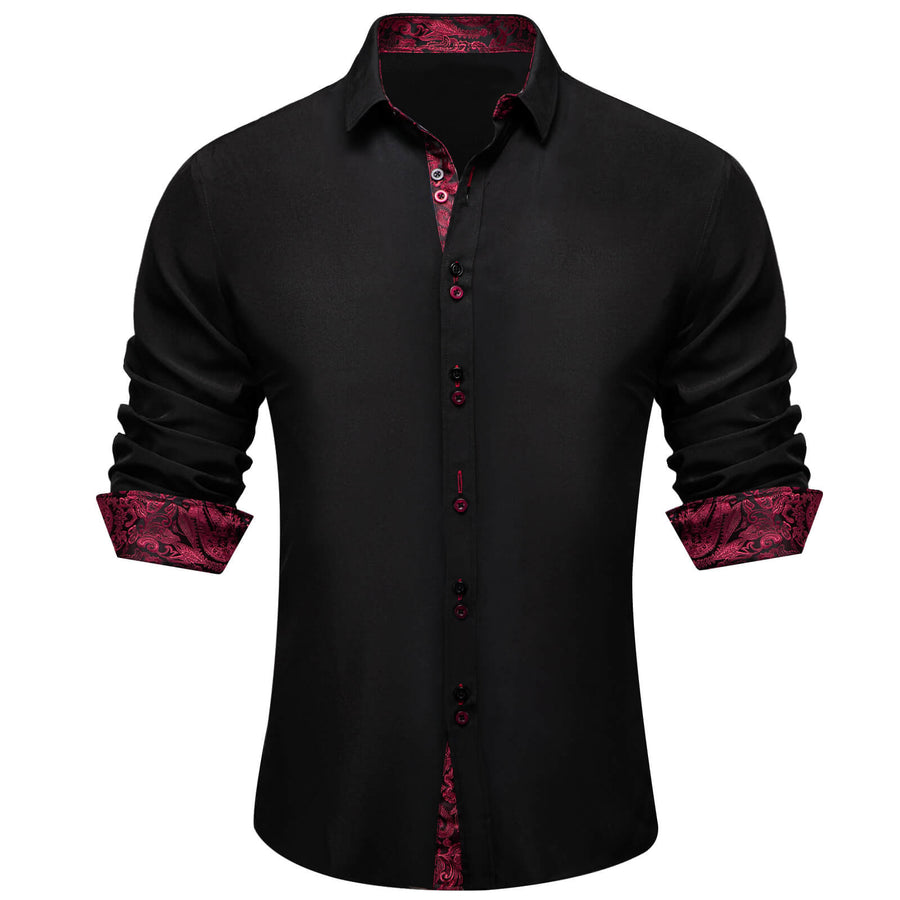 Black Solid Red Paisley Splicing Silk Dress Shirt shirt S   - Sophisticated Gentlemen