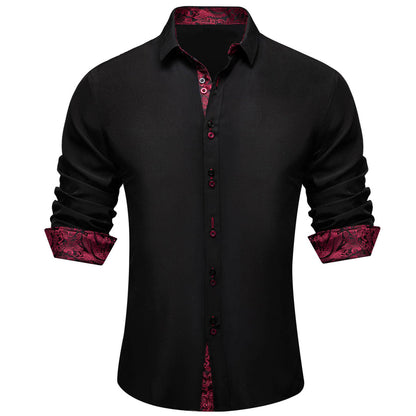 Black Solid Red Paisley Splicing Silk Dress Shirt shirt S   - Sophisticated Gentlemen